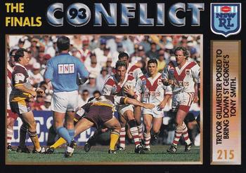 1994 Dynamic Rugby League Series 1 #215 Trevor Gillmeister brings down Tony Smith Front